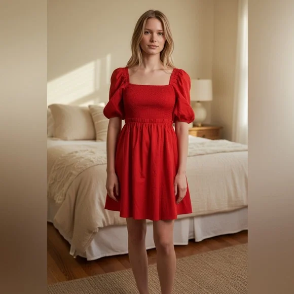 ODDI Red Puff-Sleeve Smocked Midi Dress NWT - Picture 3 of 8